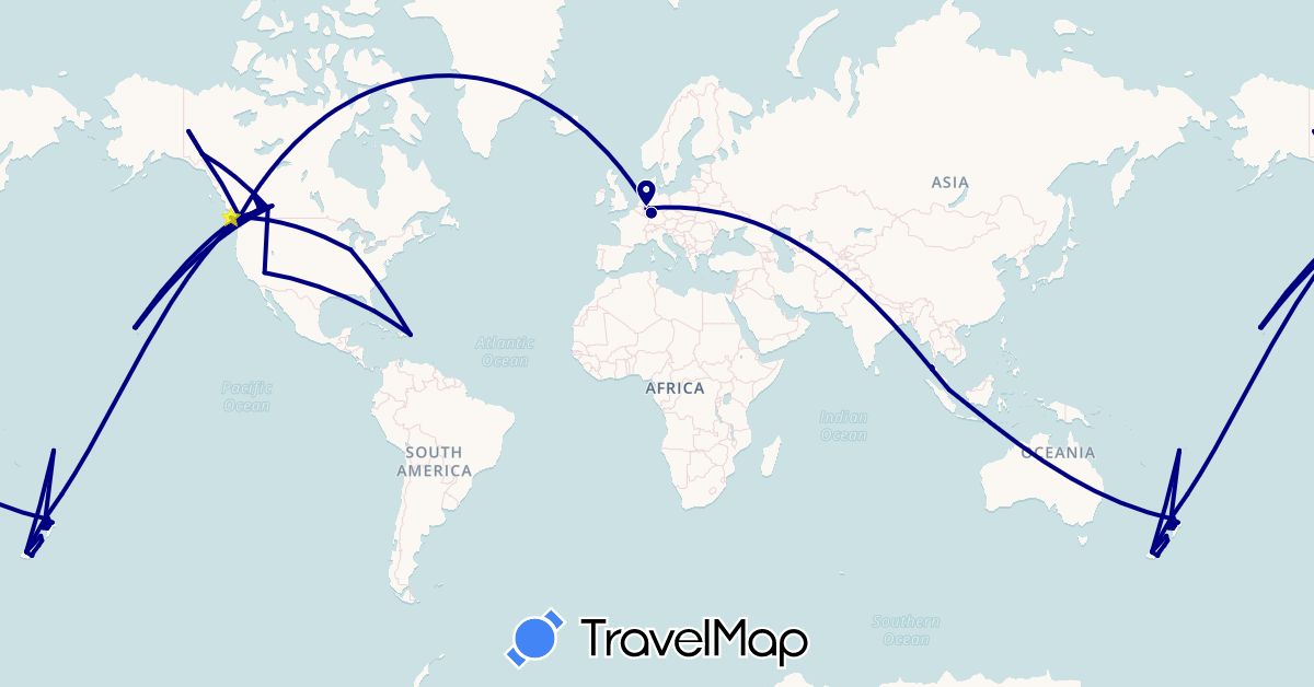 TravelMap itinerary: driving, plane in Canada, Germany, Dominican Republic, Fiji, New Zealand, Singapore, Thailand, United States (Asia, Europe, North America, Oceania)